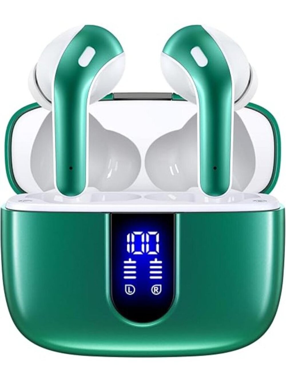 Forest Green Bluetooth Headphones True Wireless Earbuds LED Power Display Mic